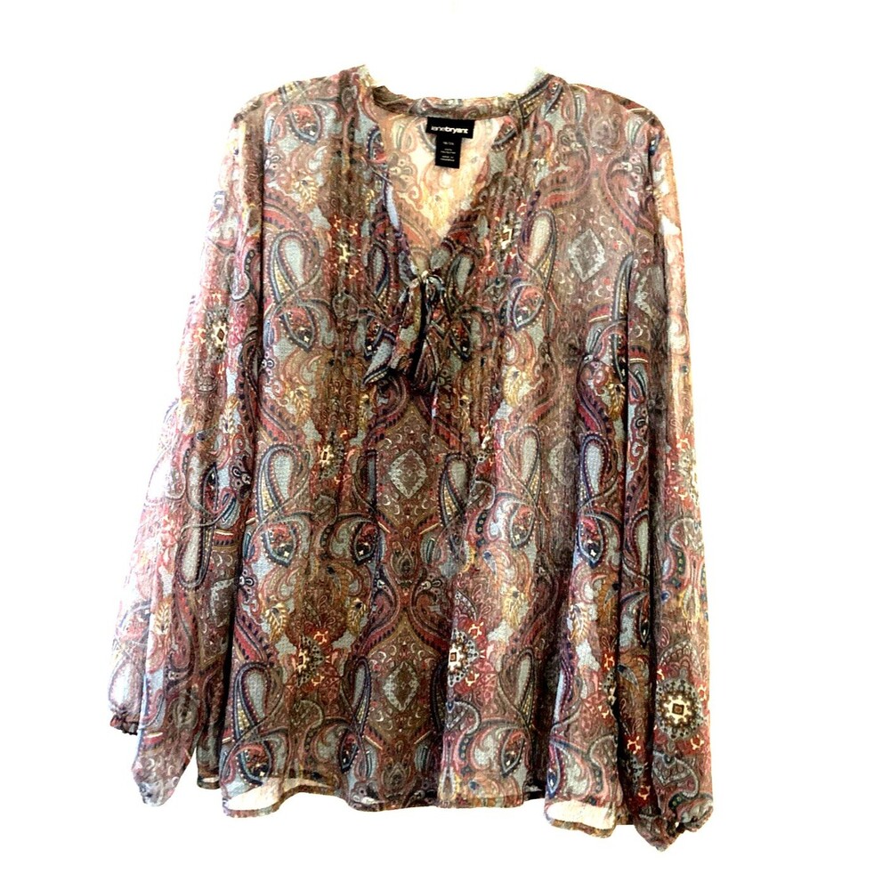 Lane Bryant Plus Size V Neck Bow Blouse Sz 18/20 Sheer Paisley Chiffon Long Slv